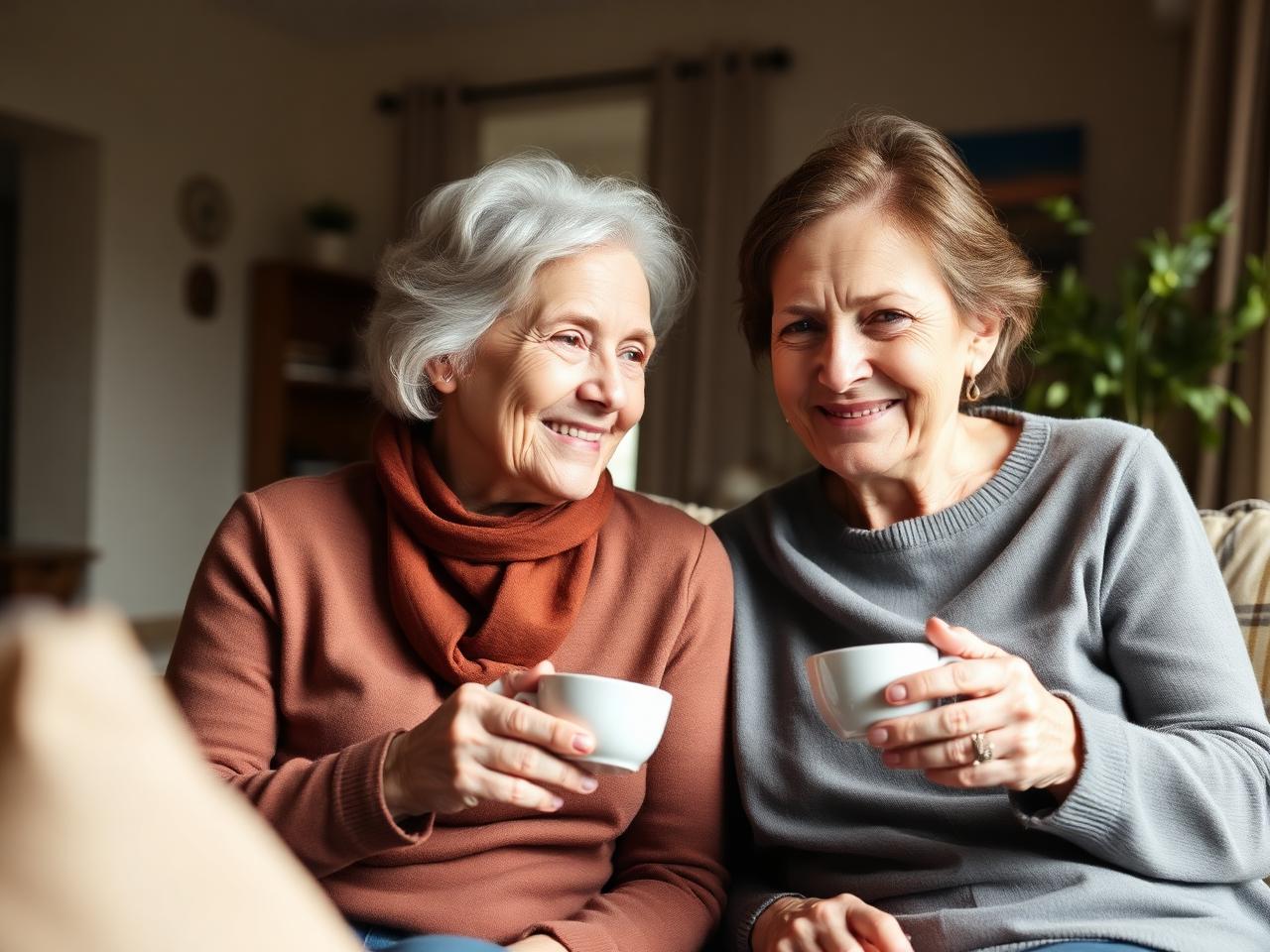 Eine Betreuungsberaterin im Gespräch mit einer Seniorin und deren Angehörigen im Wohnzimmer